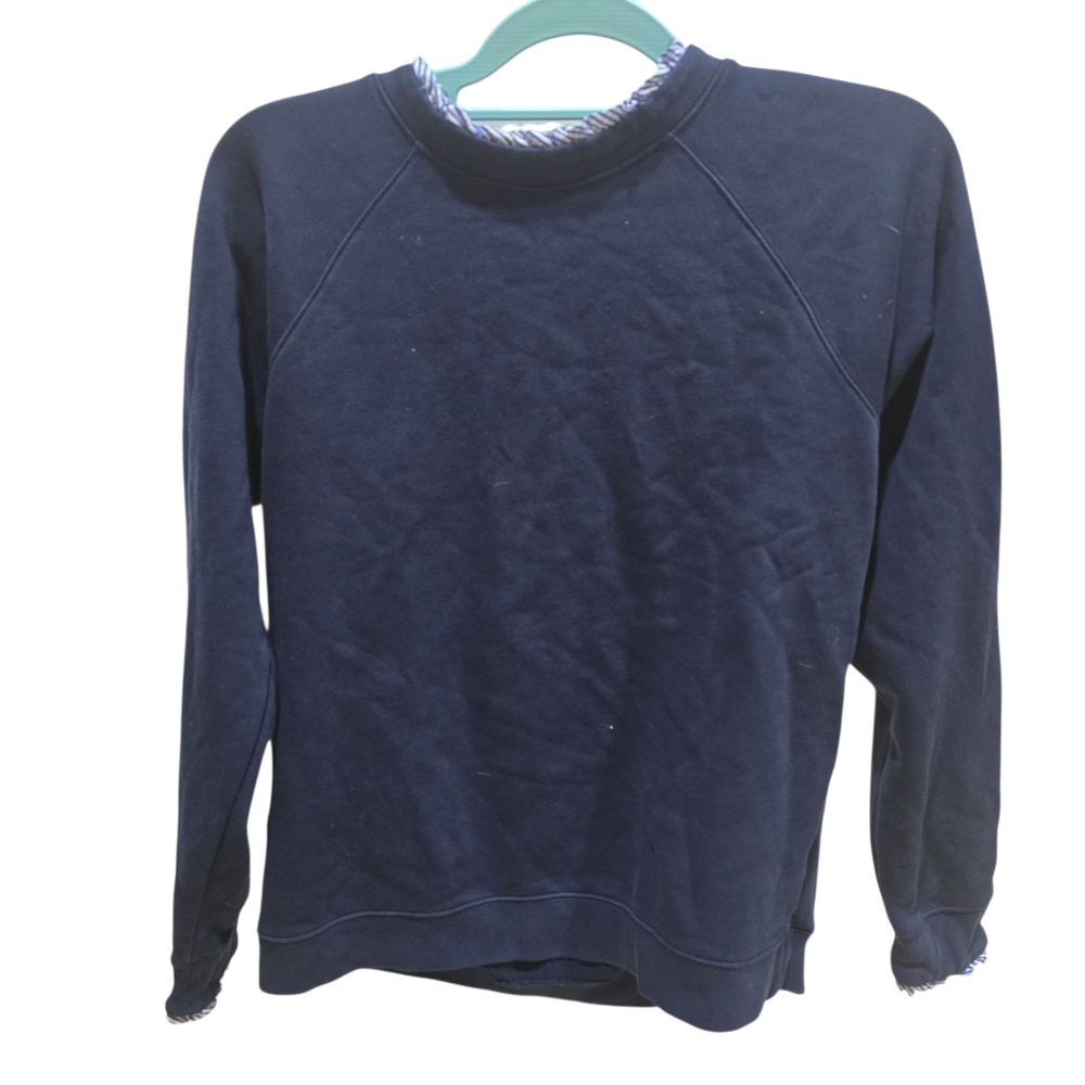 J Crew Size L Floral Ruffle Neck & Cuffs Sweatshirt Blue Cotton Zip Back
